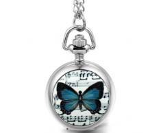 JewelryWe Joyas collar con los hombres retro de la mujer Base Música mariposa colgante de impresión reloj de bolsillo de plata de la cadena 80cm de largo