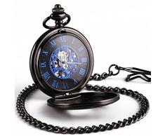 ManChDa® Antiguo Mecánica Reloj de bolsillo Caso de Hueco Negro Brillante Retro Disco de Esqueleto con Movimiento Plata Hombres Mujeres con Cadena + Caja de regalo
