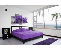 DekoArte 26 - Cuadro de paisaje moderno, lienzo de 5 piezas, 150 x 100 cm, árbol morado con fondo de color blanco y negro