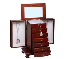 Rowling Caja joyero de madera lacado marrón con espejo cerradura llave bonita solapas laterales almacenamiento organizador de joyas MG010BROWN