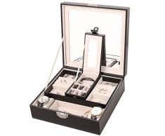 J.Rosée PU Joyero de Dos Capas para Pendientes Anillos Pulseras y Collares de Joyerías con Espejo Grande, Color Negro