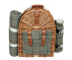 Canasta / Mochila de tweed y mimbre para pícnic para 2 personas, verde