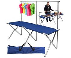 Tenderete ligero y transportable incl bolsa | Mesa plegable de tela y aluminio para mercado de pulgas | Puesto para mercadillo de eyepower | Expositor con mesita y perchero de burro para colgar prendas altura ajustable | aprox 205x67cm | Azul