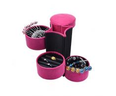 Terciopelo Mini rollo de tres capas de joyas caja caso organizador de viaje Almacenamiento Joyería en forma de cilindro portátil soporte con cierre de presión para mujer
