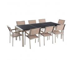 Conjunto de jardín - Granito pulido negro - Mesa 220 cm con 8 sillas beige - GROSSETO
