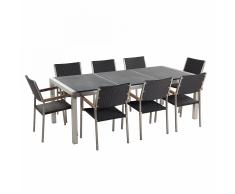Conjunto de jardín - Granito curtido negro - Mesa 220 cm con 8 sillas en ratán - GROSSETO
