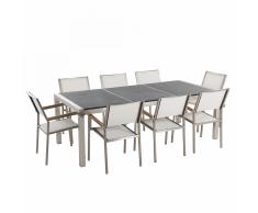 Conjunto de jardín - Granito flameado negro - Mesa 220 cm con 8 sillas blancas - GROSSETO