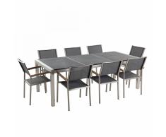 Conjunto de jardín - Granito flameado negro - Mesa 220 cm con 8 sillas grises - GROSSETO