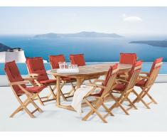 Conjunto de jardín de madera – Mesa - 8 sillas con apoyabrazos - cojines en color terracota – JAVA
