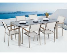 Conjunto de jardín - Vidrio templado negro - Mesa 180 cm con 6 sillas blancas - GROSSETO