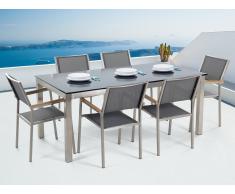 Conjunto de jardín - Vidrio templado negro - Mesa 180 cm con 6 sillas grises - GROSSETO