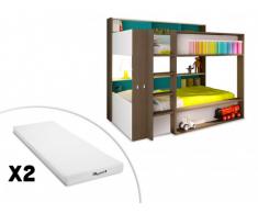 Cama litera DORIAN - 2x90x190 cm - Fondo azul + 2 colchones STELO KIDS 90x190 cm