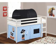 Cama alta PIRATE con cortinas azules y túnel negro - 90 x 190cm - Pino macizo - Blanqueado