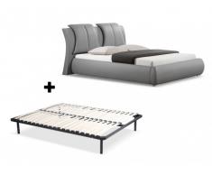 Cama MARIUS + somier de láminas - 160x200 cm - Piel sintética gris