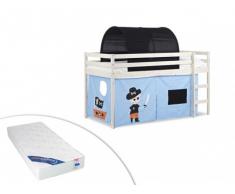Cama alta PIRATE con cortinas azules y túnel negro - 90x190cm - Pino macizo - Blanqueado + colchón ZEUS 90x190 cm