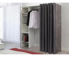 Armario vestidor extensible EMERIC - L.112/185 cm - Efecto homigón y cortina gris antracita