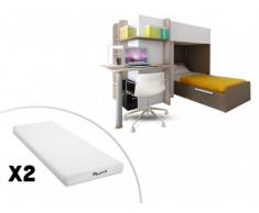 Cama litera SAMUEL - 2x90x190 cm - Escritorio integrado - Pino blanco/chocolate + 2 colchones STELO KIDS