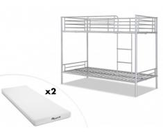 Cama litera DUOTIS II - 2 camas 90x190cm - Plateado + 2 colchones STELO KIDS