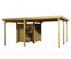 Cubre coche LOTTA de madera con tratamiento clase III y caseta para herramientas - superficie 22m² - techo de PVC