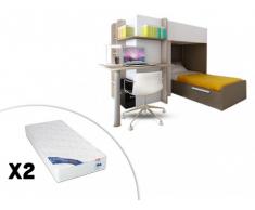 Cama litera SAMUEL - 2x90x190 cm - Pino blanco y chocolate + 2 colchones ZEUS