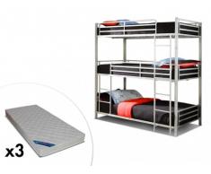 Cama litera ELOUAN - 90x190 cm - Gris + 3 colchones ZEUS 90x190 cm
