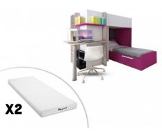 Cama litera SAMUEL - 2x90x190 cm - Escritorio integrado - Pino blanco/rosa + 2 colchones STELO KIDS