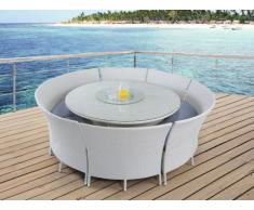 Comedor de jardín RIO GRANDE de resina trenzada blanca: 1 mesa, 2 bancos y 4 sillones