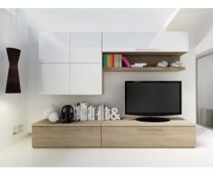 REBAJAS - Mueble TV mural MAKASAR con espacios de almacenaje - Lacado blanco y roble