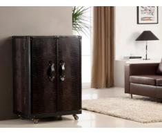 Mueble bar baúl LORIC - 2 puertas - Piel sintética chocolate efecto cocodrilo