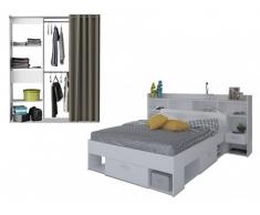 PACK dormitorio KYLIAN - Cama + cabecero con almacenaje 140x190 cm y armario vestidor extensible KYLIAN L114-168 cm - Blanco