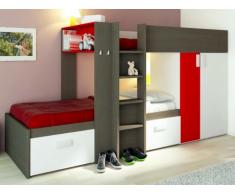 Cama litera JULIEN - 2x90x190 cm - Armario integrado - Marrón topo y rojo
