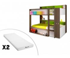Cama litera DORIAN - 2x90x190 cm - Fondo verde + 2 colchones STELO KIDS 90x190 cm