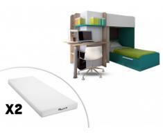 Cama litera SAMUEL - 2x90x190 cm - Escritorio integrado - Pino blanco/turquesa + 2 colchones STELO KIDS