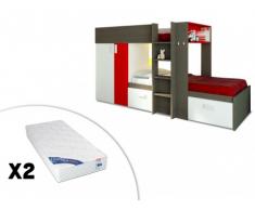 Cama litera JULIEN - 2x90x190 cm - Armario integrado - 3 colores - Marrón topo y rojo + 2 colchones ZEUS 90x190