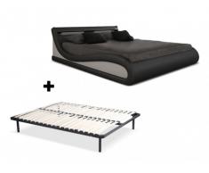 Cama ZALARIS + somier de láminas - 160x200 cm - Piel sintetica negra con leds
