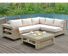Conjunto de jardín KUOPIO de resina trenzada beige: sofá rinconero y mesa de centro