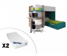 Cama litera SAMUEL - 2x90x190 cm - Pino blanco y turquesa + 2 colchones ZEUS