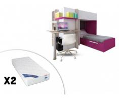 Cama litera SAMUEL - 2x90x190 cm - Pino blanco y rosa + 2 colchones ZEUS