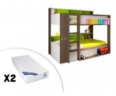 Cama litera DORIAN - Fondo verde + 2 colchones ZEUS - 90x190 cm