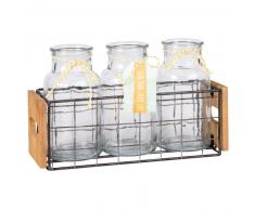 3 jarrones de cristal y cuerda con soporte de metal y madera de melocotonero