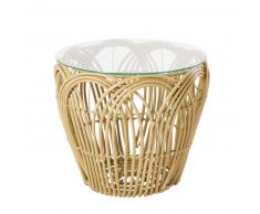 Mesa auxiliar de cristal con patas de imitación mimbre trenzado