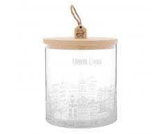 Caja redonda de cristal con estampado de casas