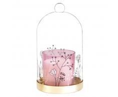 Vela en tarro de cristal tintado rosa bajo campana de cristal