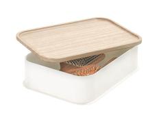 iDesign Caja organizadora para cajones, cesta organizadora mediana para estanterÃas, de plástico reciclado sin BPA, caja con tapa de madera de paulownia, blanco
