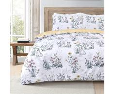 Sleepdown Conejo Prado Floral Blanco Ocre Cuadros Reversible Funda de edredón Fundas de Almohada Juego de Cama Suave Fácil de Cuidado - King (230 cm x 220 cm)