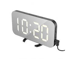 EXTSUD Despertador Digital Espejo LED Despertador Electrónico, Espejo Reloj Digital Moderno con Función de Alarma y Dual USB Puertos, Snooze y Memoria Automática, Luminancia Ajustable con 3 Niveles
