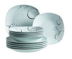 Domestic 921387 Chanson - Vajilla Cuadrada de Porcelana (6 Platos Llanos y 6 Platos hondos), Color Blanco y Negro