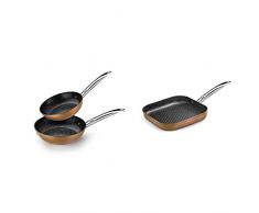 Monix Copper - Set de 2 Sartenes Efecto Cobre, 20-24 cm, Aluminio Forjado + Copper - Grill con rayas 28 x 28 cm de aluminio forjado con antiadherente con partÃ­culas de titanio