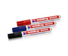 Edding 3000 - Rotuladores permanentes (1,5-3,0 mm, 3 Unidades), Colores Surtidos, Rojo, Azul