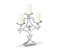 Relaxdays Candelabro Antiguo 3 Brazos, Soporte Porta Velas Vintage, Hierro Fundido, 28,5 x 23 x 7,5 cm, Plateado